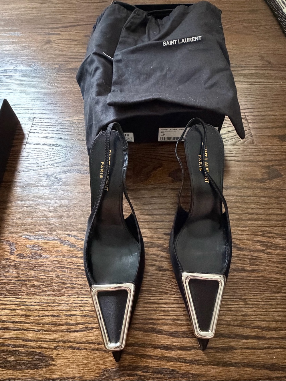 Saint Laurent Black Pointed Slingback Pumps with Silver Trim - Picture 3 of 15